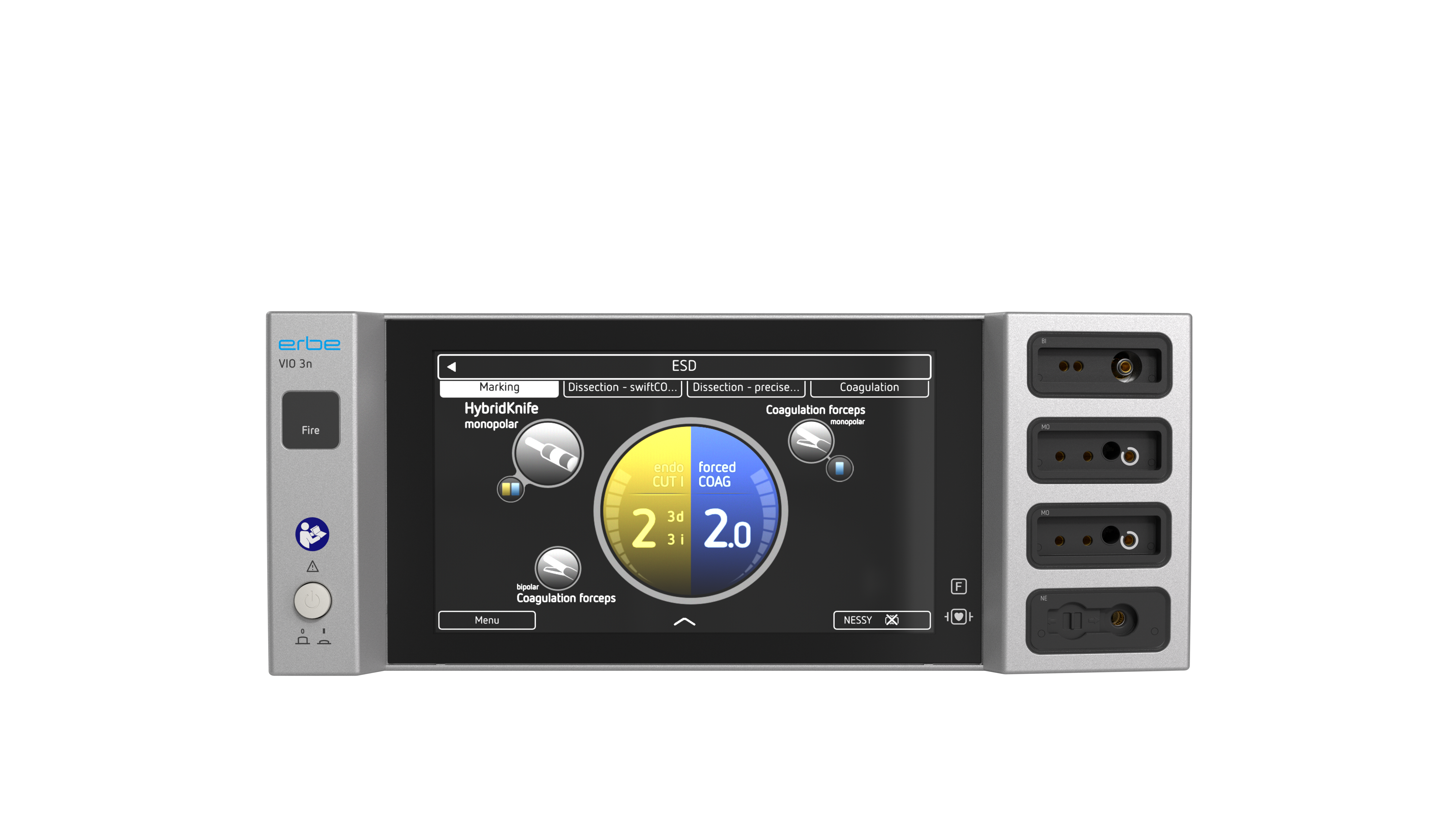 VIO® 3n Fire electrosurgical generator with display activated, showing selected modes endoCUT and forcedCOAG on the user interface.