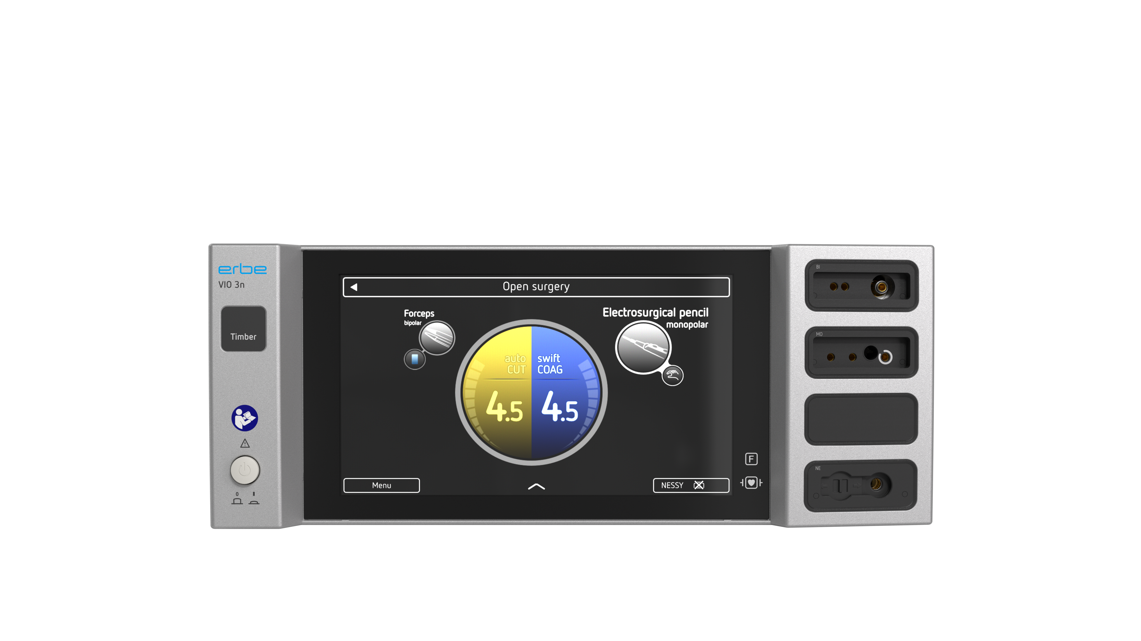 VIO® 3n Timber electrosurgical generator with illuminated display showing autoCUT and swiftCOAG modes on the user interface.