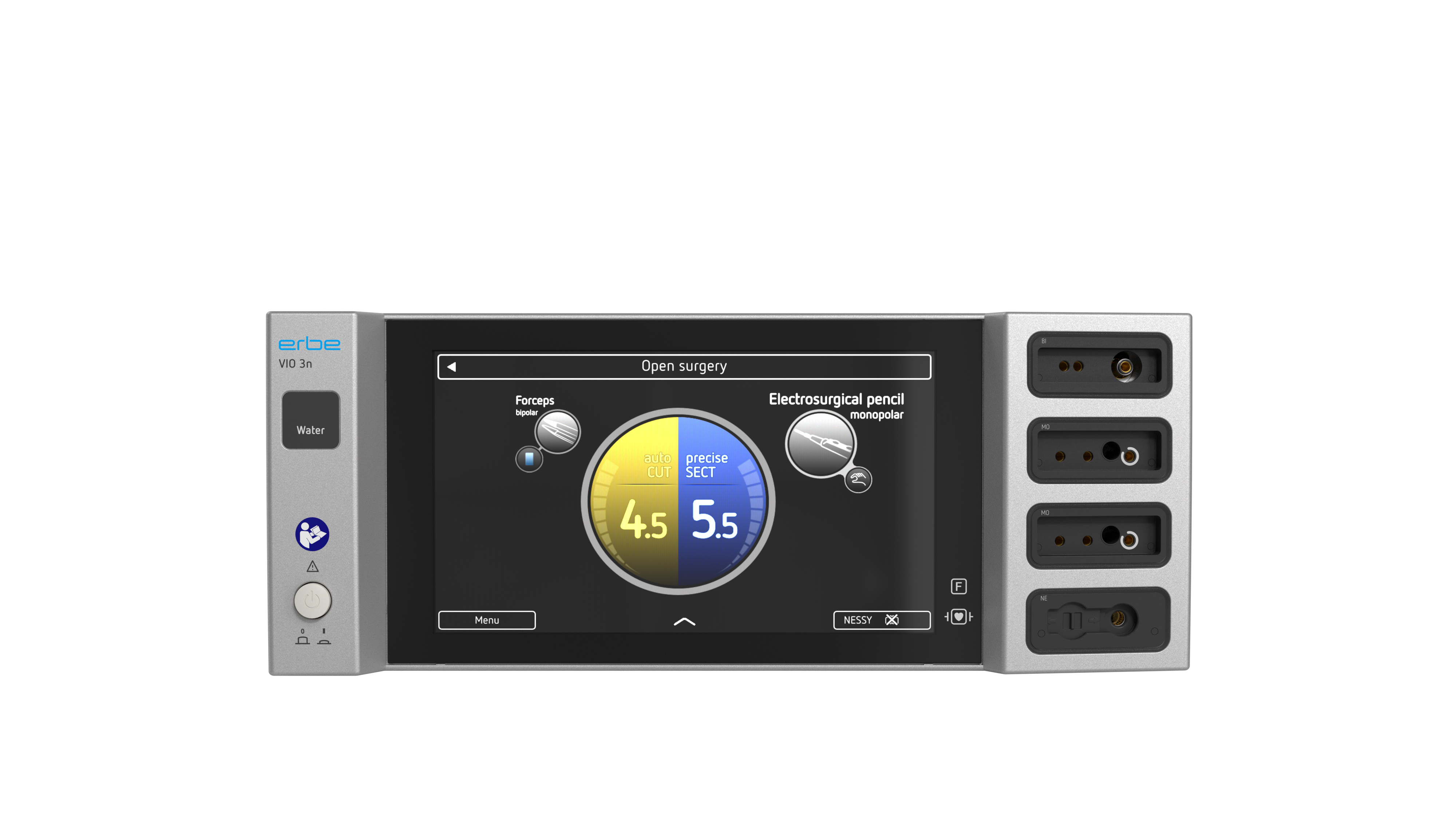 VIO® 3n Water electrosurgical generator with illuminated display showing autoCUT and preciseSECT modes on the user interface.
